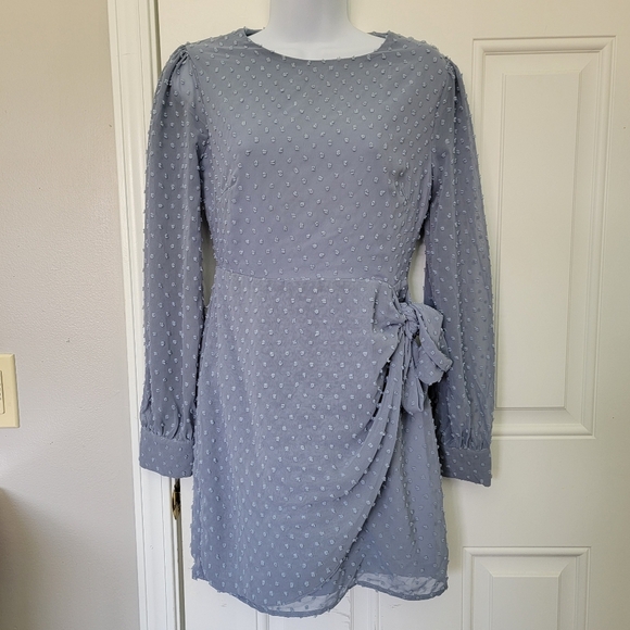 NWT Lulus Much Love Light Blue Swiss Dot Long Sleeve Tie Front Mini Dress XS - Picture 2 of 12
